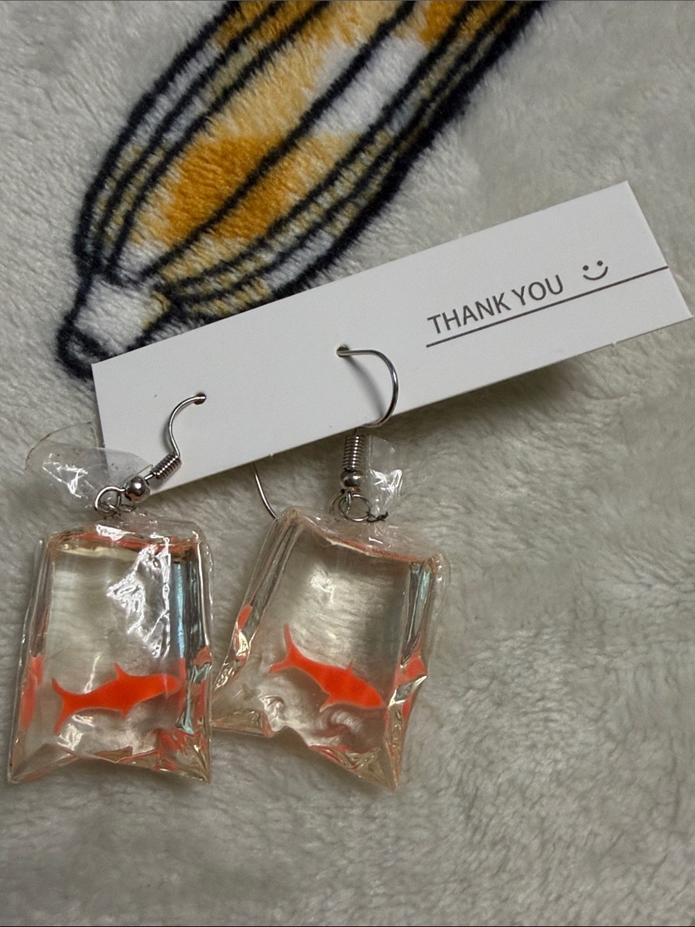 Clear Fish Bag Drop Earrings with Orange Fish -
